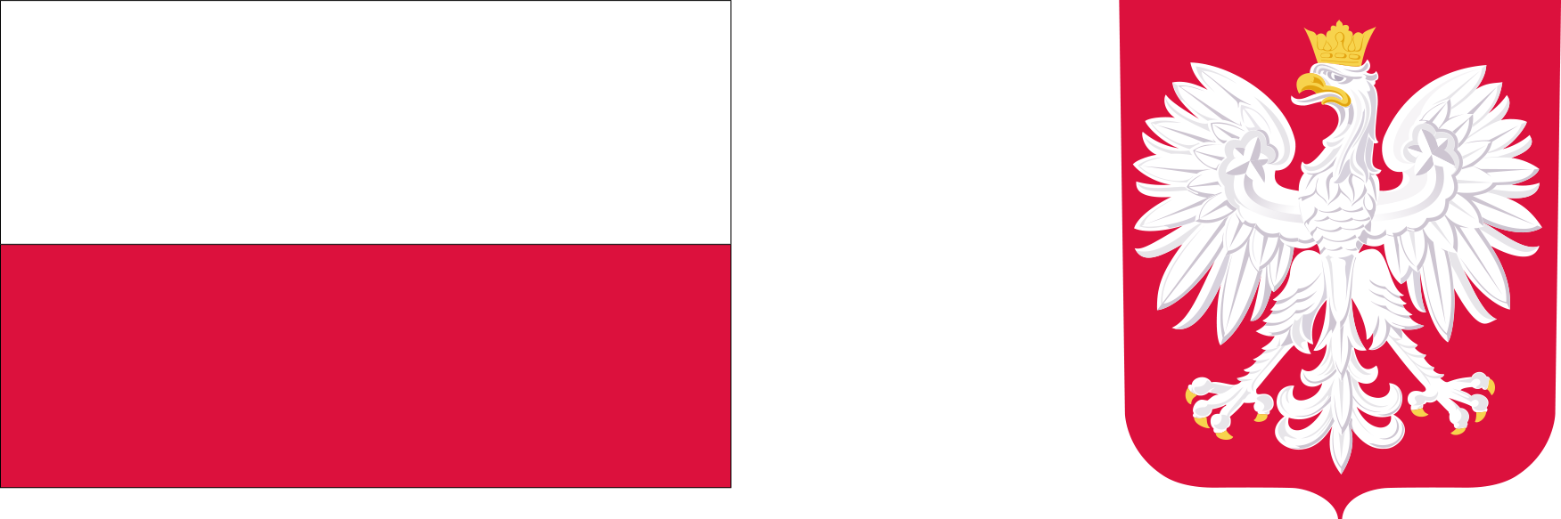 Biało czerwone poziome pasy przedstawiają Flage Polski, obok orzeł biały na czerwonym tle w złotej koronie z głową zwróconą ku prawej stronie przedstawia Godło Polski